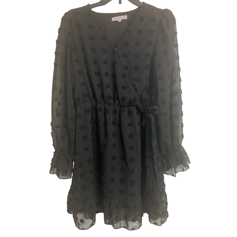 Miss Sparkling Black Raised Dot Sheer Wrap Mini Dress Whimsigoth Grunge Ruffle M